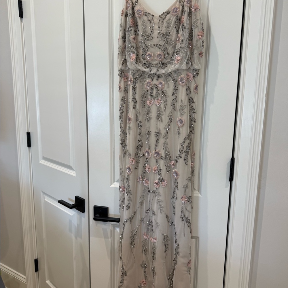 Adrianna Papell Blush and Cream Beaded Floral Maxi Gown